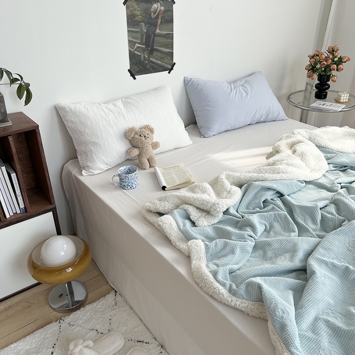 91家纺网 家纺一手货源 找家纺 六巷胡同 2022新款山茶花牛奶绒拼羊羔绒毯 水绿