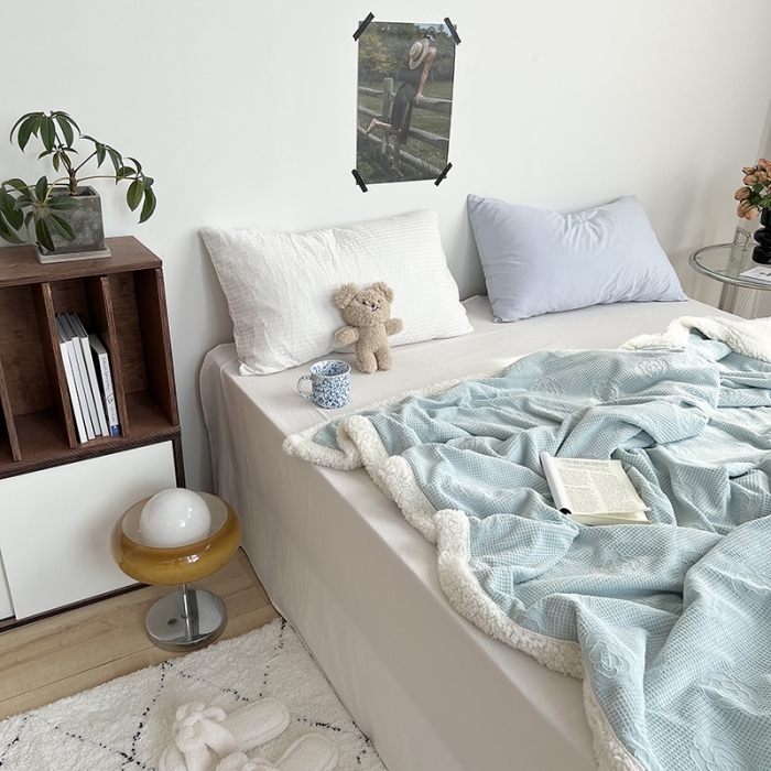 91家纺网 家纺一手货源 找家纺 六巷胡同 2022新款山茶花牛奶绒拼羊羔绒毯 水绿