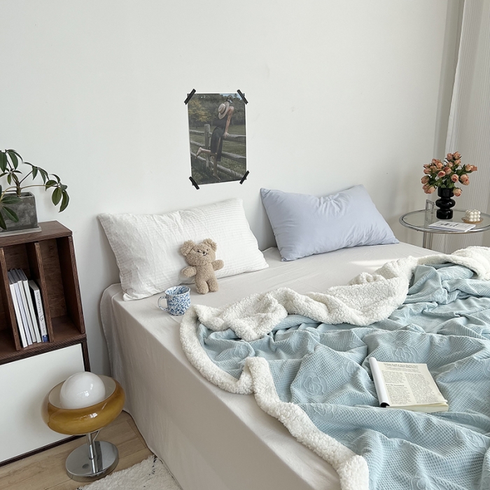 91家纺网 家纺一手货源 找家纺 六巷胡同 2022新款山茶花牛奶绒拼羊羔绒毯 水绿