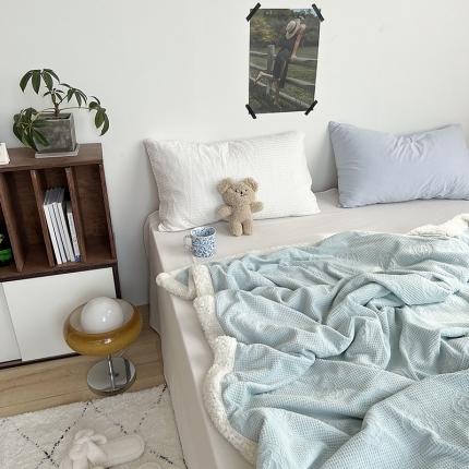 六巷胡同 2022新款山茶花牛奶绒拼羊羔绒毯 水绿