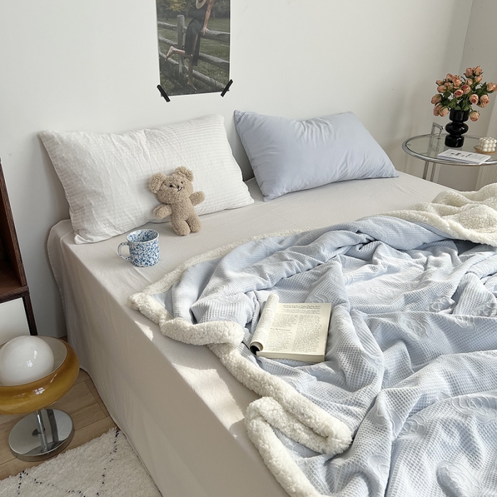 91家纺网 家纺一手货源 找家纺 六巷胡同 2022新款山茶花牛奶绒拼羊羔绒毯 浅蓝