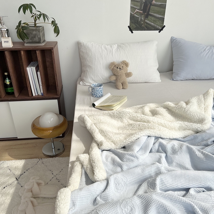 91家纺网 家纺一手货源 找家纺 六巷胡同 2022新款山茶花牛奶绒拼羊羔绒毯 浅蓝