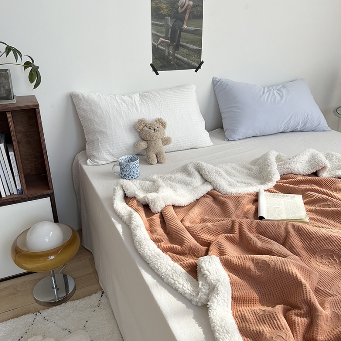 91家纺网 家纺一手货源 找家纺 六巷胡同 2022新款山茶花牛奶绒拼羊羔绒毯 焦糖