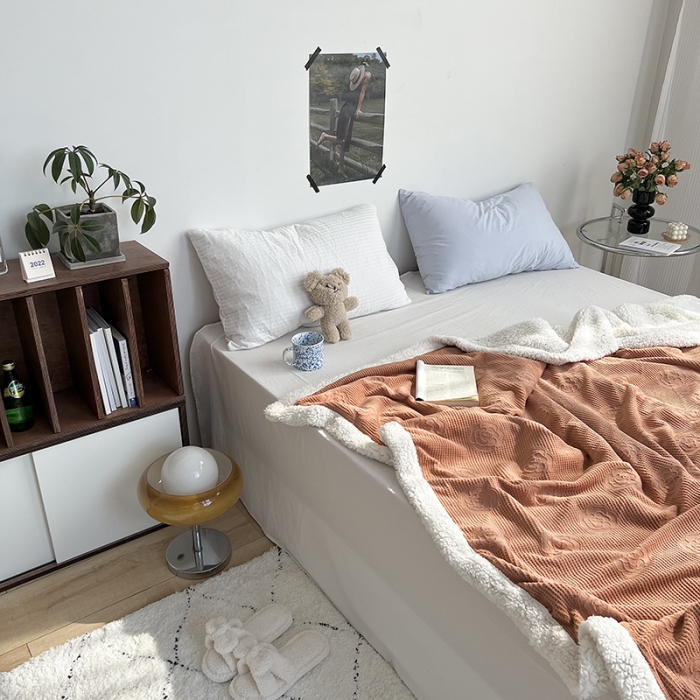 91家纺网 家纺一手货源 找家纺 六巷胡同 2022新款山茶花牛奶绒拼羊羔绒毯 焦糖