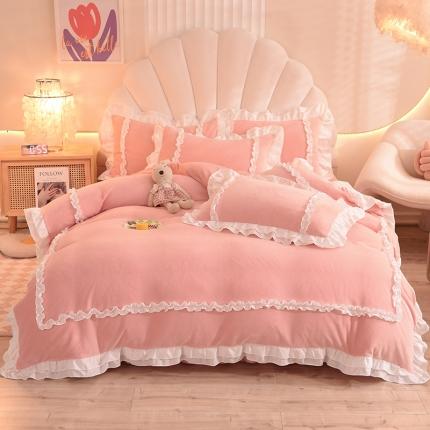 91家纺网 家纺一手货源 找家纺 逸尚阁-2022新款双层花边牛奶绒四件套 唯美-仙女粉