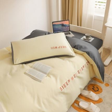 91家纺网 家纺一手货源 找家纺 啊雅家居纯色水洗磨毛亲肤绣花床单床笠款学生三套件奶黄加奶深灰