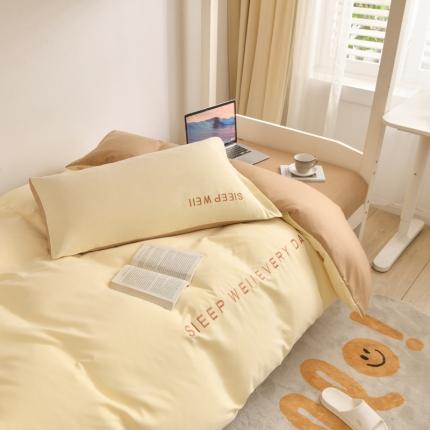 91家纺网 家纺一手货源 找家纺 啊雅家居纯色水洗磨毛亲肤绣花床单款床笠款学生三套件奶黄加奶咖