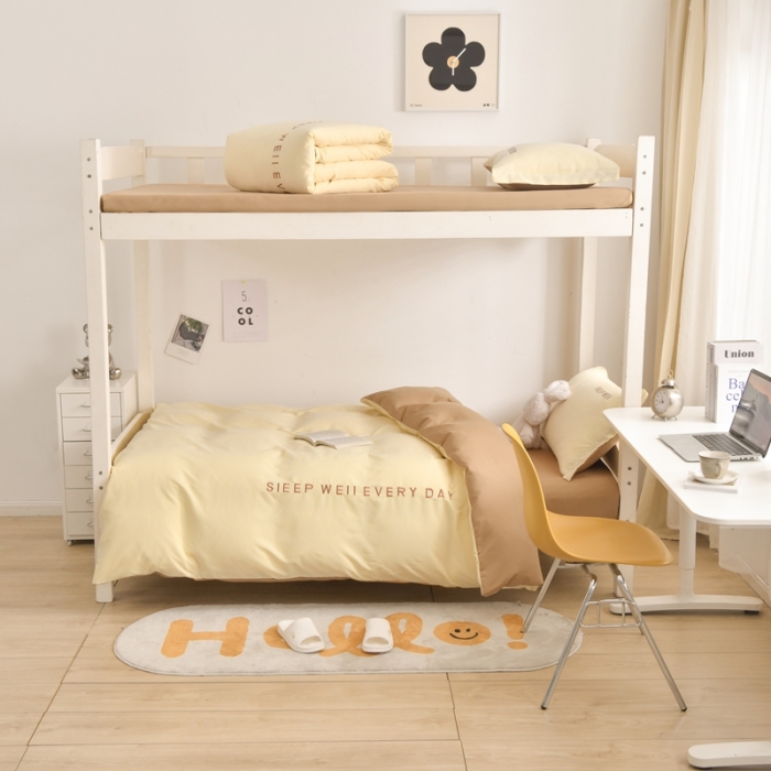 91家纺网 家纺一手货源 找家纺 啊雅家居纯色水洗磨毛亲肤绣花床单款床笠款学生三套件奶黄加奶咖