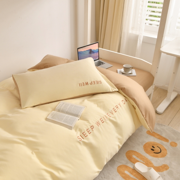 91家纺网 家纺一手货源 找家纺 啊雅家居纯色水洗磨毛亲肤绣花床单款床笠款学生三套件奶黄加奶咖