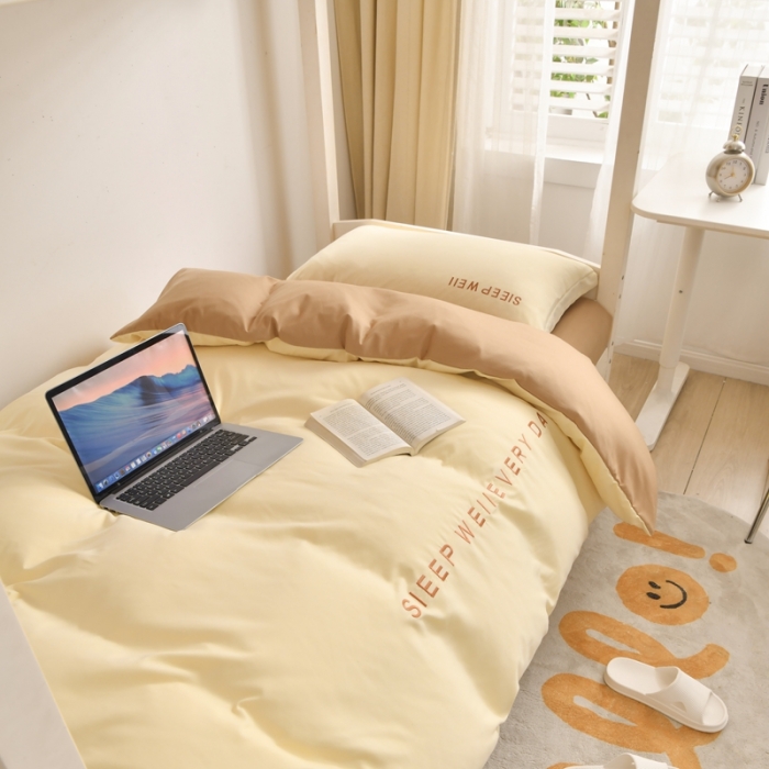 91家纺网 家纺一手货源 找家纺 啊雅家居纯色水洗磨毛亲肤绣花床单款床笠款学生三套件奶黄加奶咖