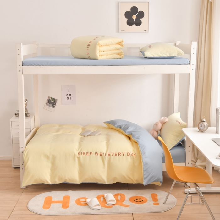 91家纺网 家纺一手货源 找家纺 啊雅家居纯色水洗磨毛亲肤绣花床单床笠款学生三套件奶黄加奶浅灰