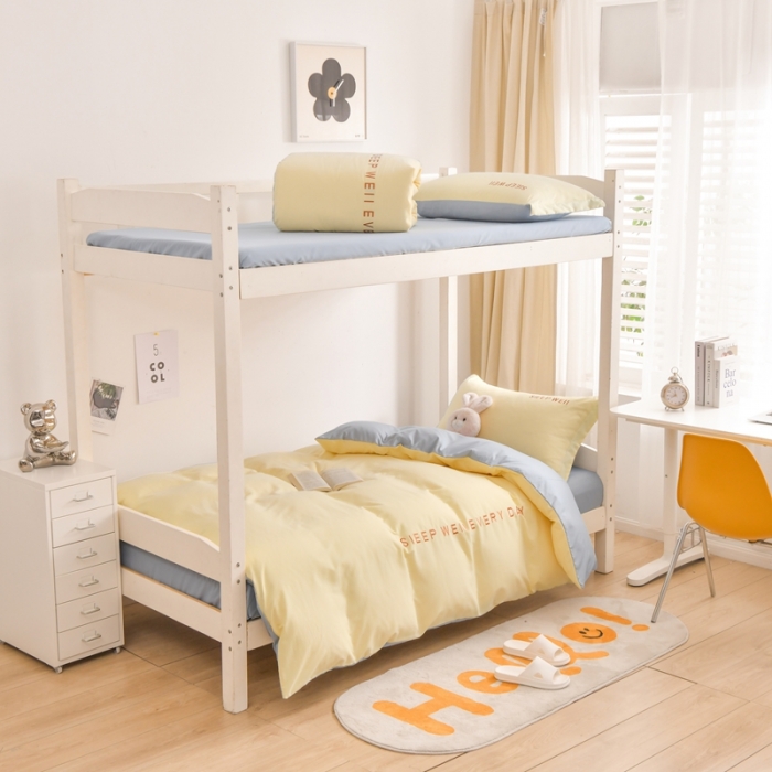 91家纺网 家纺一手货源 找家纺 啊雅家居纯色水洗磨毛亲肤绣花床单床笠款学生三套件奶黄加奶浅灰