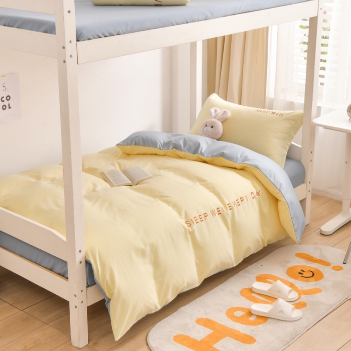 91家纺网 家纺一手货源 找家纺 啊雅家居纯色水洗磨毛亲肤绣花床单床笠款学生三套件奶黄加奶浅灰