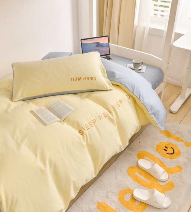 91家纺网 家纺一手货源 找家纺 啊雅家居纯色水洗磨毛亲肤绣花床单床笠款学生三套件奶黄加奶浅灰