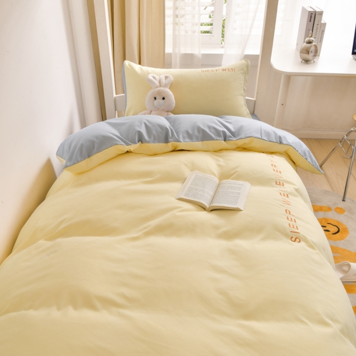 91家纺网 家纺一手货源 找家纺 啊雅家居纯色水洗磨毛亲肤绣花床单床笠款学生三套件奶黄加奶浅灰