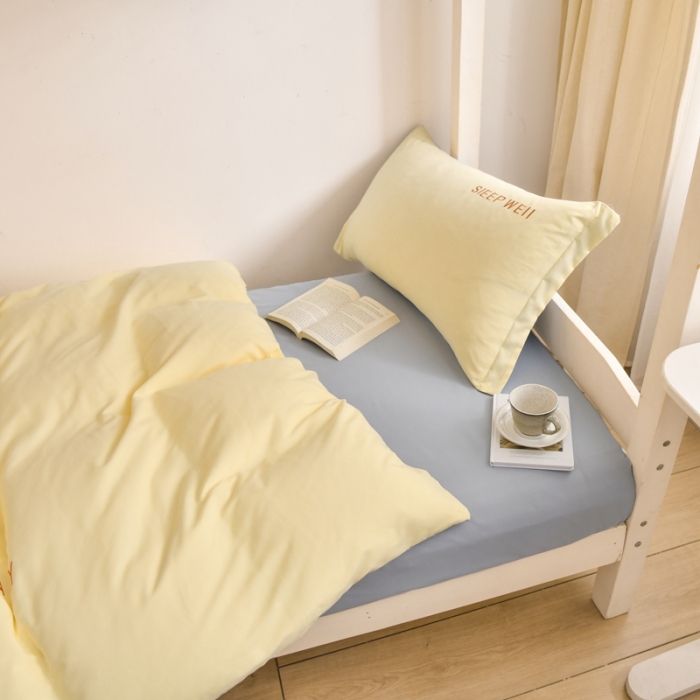 91家纺网 家纺一手货源 找家纺 啊雅家居纯色水洗磨毛亲肤绣花床单床笠款学生三套件奶黄加奶浅灰