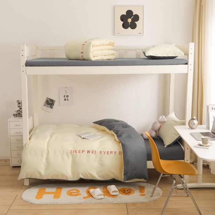 91家纺网 家纺一手货源 找家纺 啊雅家居纯色水洗磨毛亲肤绣花床单床笠款学生三套件奶黄加奶深灰