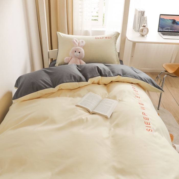91家纺网 家纺一手货源 找家纺 啊雅家居纯色水洗磨毛亲肤绣花床单床笠款学生三套件奶黄加奶深灰