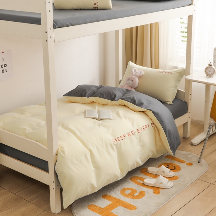 91家纺网 家纺一手货源 找家纺 啊雅家居纯色水洗磨毛亲肤绣花床单床笠款学生三套件奶黄加奶深灰