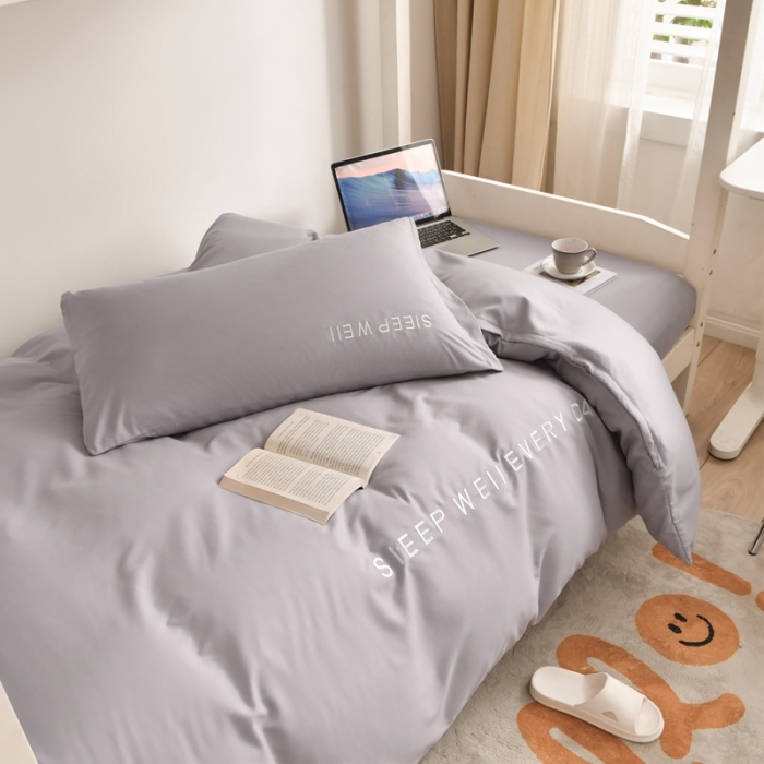 91家纺网 家纺一手货源 找家纺 啊雅家居纯色水洗磨毛亲肤绣花床单款床笠款学生三套件 奶浅灰