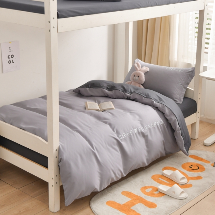 91家纺网 家纺一手货源 找家纺 啊雅家居纯色水洗磨毛亲肤绣花床单床笠学生三套件奶浅灰加奶深灰