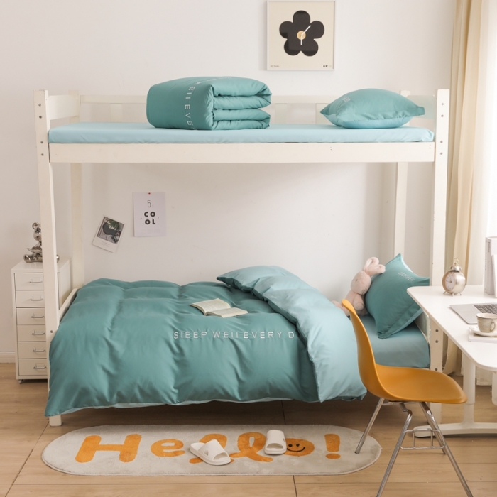 91家纺网 家纺一手货源 找家纺 啊雅家居纯色水洗磨毛亲肤绣花床单床笠学生三套件奶石兰加奶星蓝