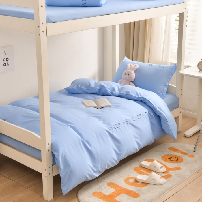 91家纺网 家纺一手货源 找家纺 啊雅家居纯色水洗磨毛亲肤绣花床单款床笠款学生三套件奶天兰