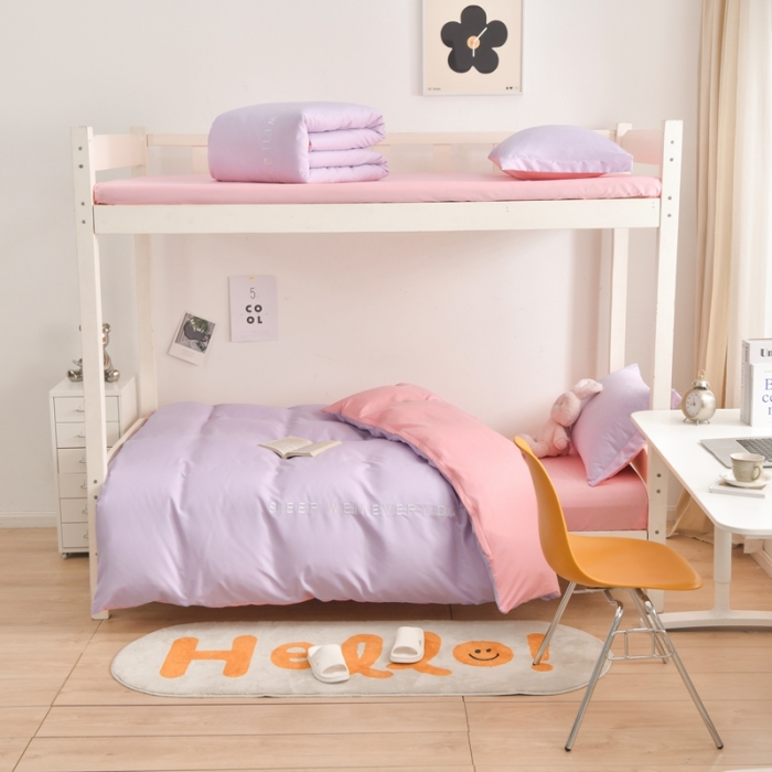 91家纺网 家纺一手货源 找家纺 啊雅家居纯色水洗磨毛亲肤绣花床单床笠款学生三套件奶紫加奶粉