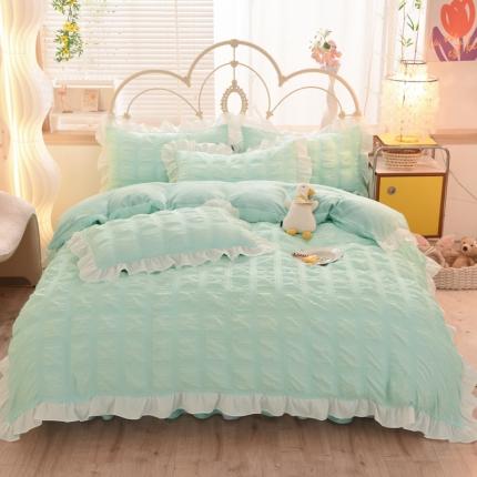 91家纺网 家纺一手货源 找家纺 逸尚阁-2022新款泡泡纱牛奶绒花边四件套 泡泡方格-水绿（绒款）