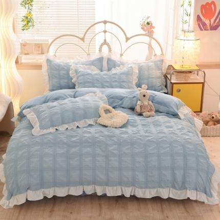 91家纺网 家纺一手货源 找家纺 逸尚阁-2022新款泡泡纱牛奶绒花边四件套 泡泡方格-雾霾蓝（绒款）