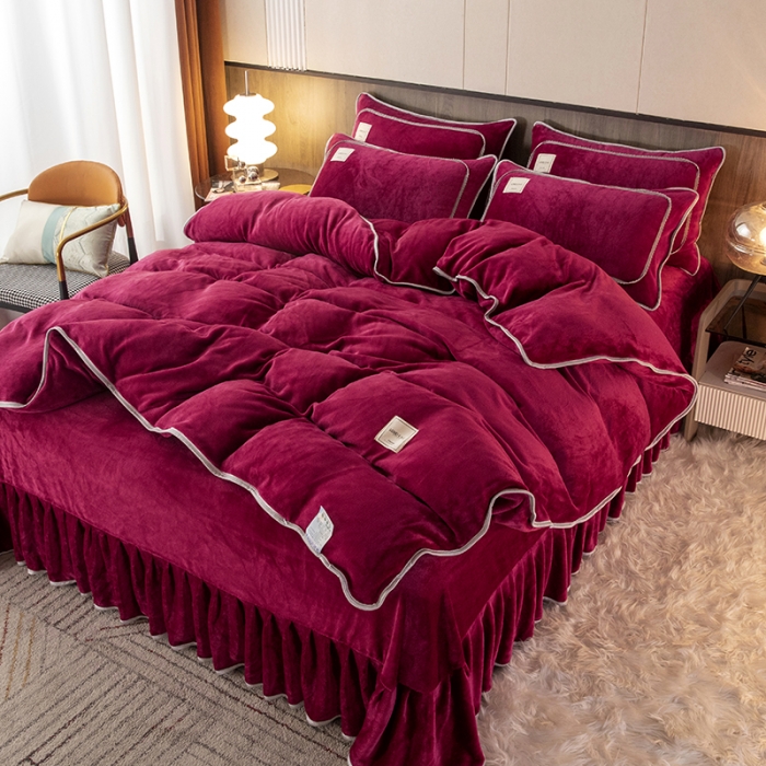 91家纺网 家纺一手货源 找家纺 能好家纺 2022直播爆款牛奶绒金貂绒四件套 酒红