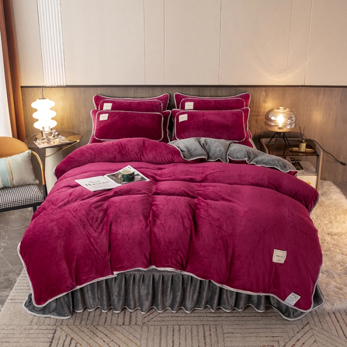 91家纺网 家纺一手货源 找家纺 能好家纺 2022直播爆款牛奶绒金貂绒四件套 酒红+灰