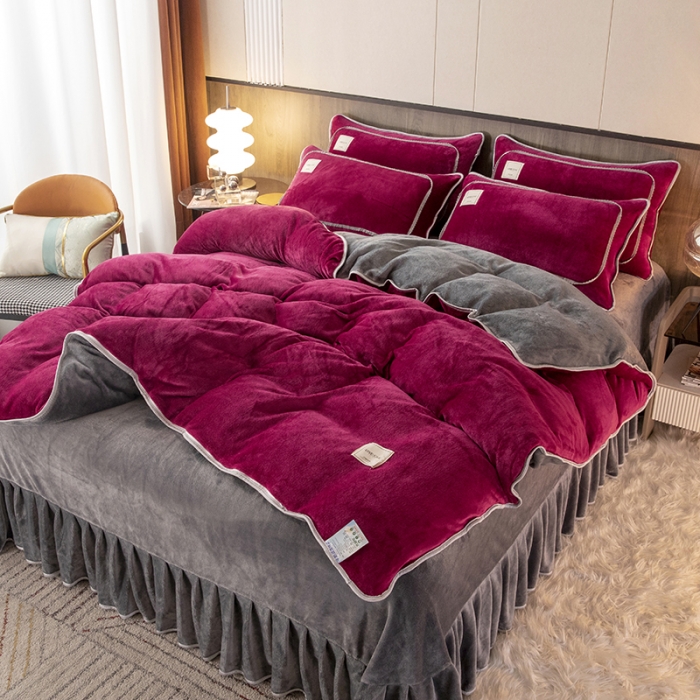 91家纺网 家纺一手货源 找家纺 能好家纺 2022直播爆款牛奶绒金貂绒四件套 酒红+灰