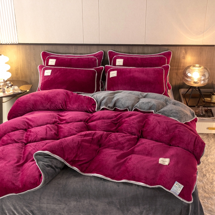 91家纺网 家纺一手货源 找家纺 能好家纺 2022直播爆款牛奶绒金貂绒四件套 酒红+灰