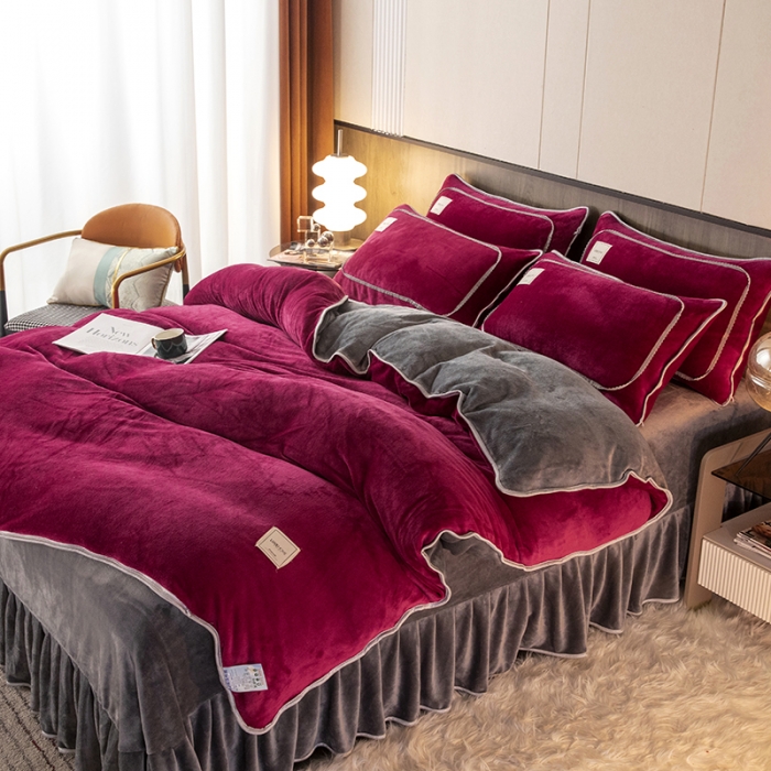 91家纺网 家纺一手货源 找家纺 能好家纺 2022直播爆款牛奶绒金貂绒四件套 酒红+灰