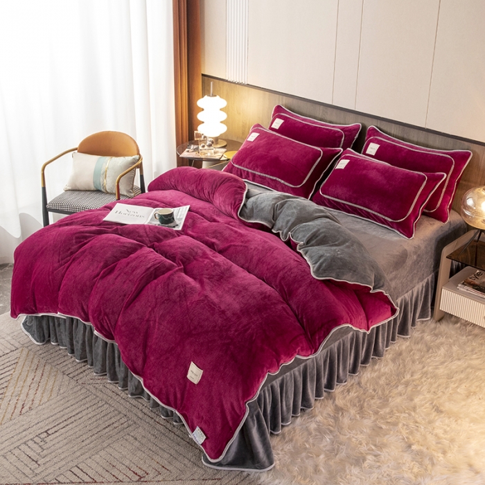 91家纺网 家纺一手货源 找家纺 能好家纺 2022直播爆款牛奶绒金貂绒四件套 酒红+灰