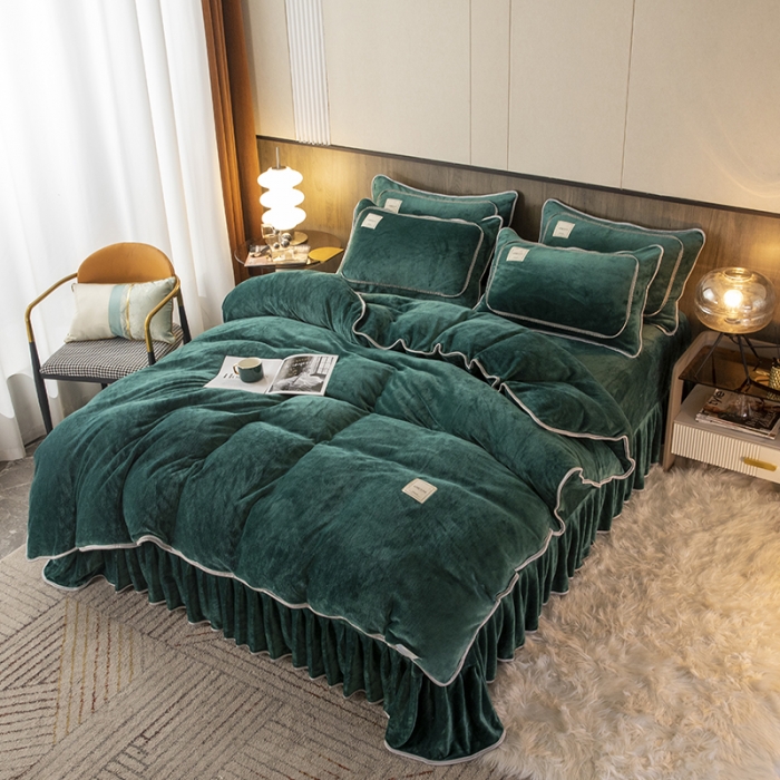 91家纺网 家纺一手货源 找家纺 能好家纺 2022直播爆款牛奶绒金貂绒四件套 墨绿