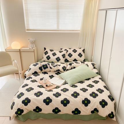 91家纺网 家纺一手货源 找家纺 昔可 2022新款全棉四件套新款影棚图 幸运四叶花 黑