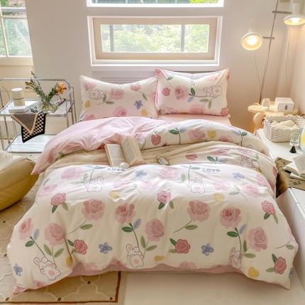 91家纺网 家纺一手货源 找家纺 昔可家纺2022新款嵌绳全棉套件组图一 粉蔷薇兔