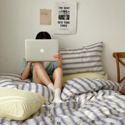 时年 2022新款全棉40支13372ins条纹款四件套 复古钴蓝