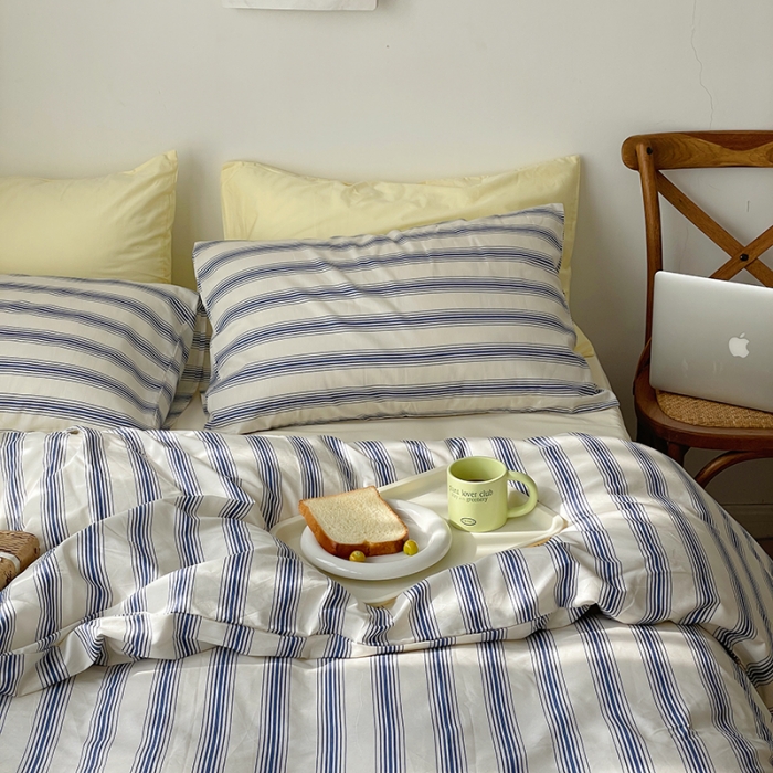 91家纺网 家纺一手货源 找家纺 时年 2022新款全棉40支13372ins条纹款四件套 复古钴蓝