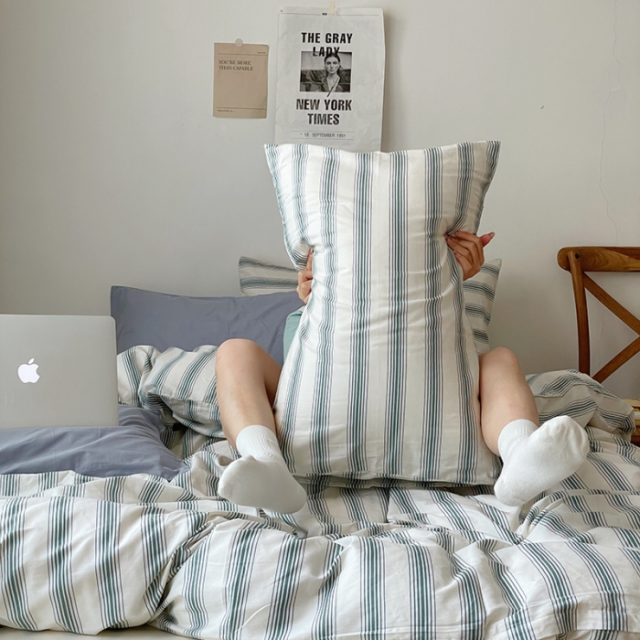 91家纺网 家纺一手货源 找家纺 时年 2022新款全棉40支13372ins条纹款四件套 复古奶绿