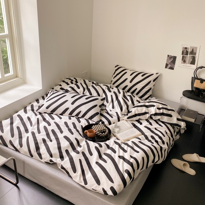 91家纺网 家纺一手货源 找家纺 昔可 2022新款全棉四件套新款影棚图 黑白斑马条