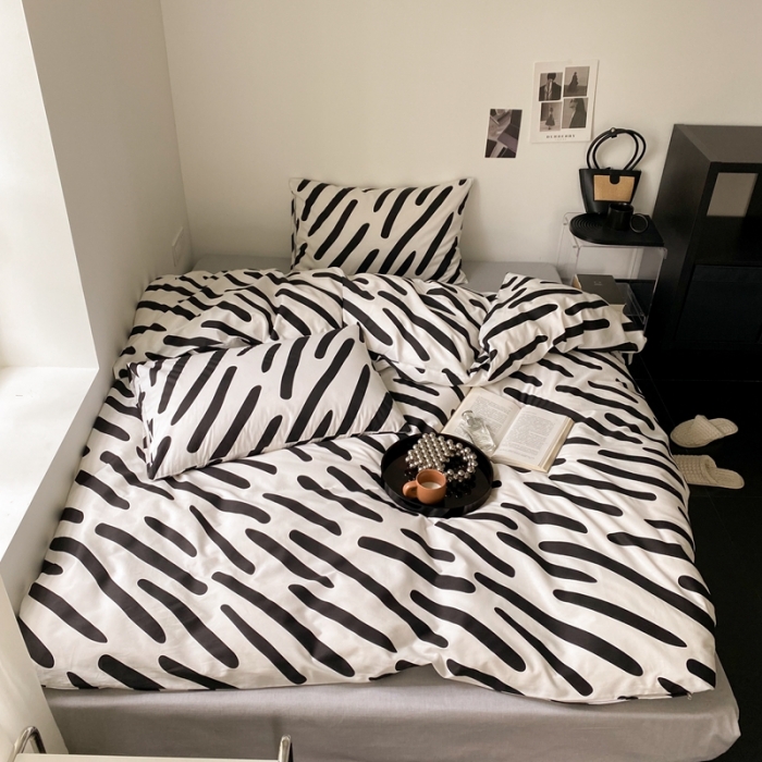 91家纺网 家纺一手货源 找家纺 昔可 2022新款全棉四件套新款影棚图 黑白斑马条