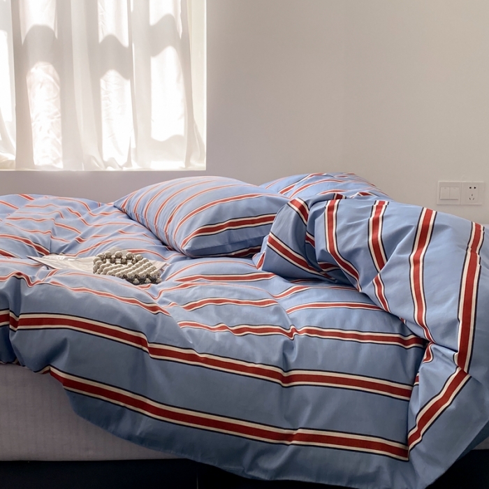 91家纺网 家纺一手货源 找家纺 昔可 2022新款全棉四件套新款影棚图 红蓝条