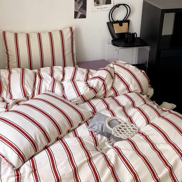 91家纺网 家纺一手货源 找家纺 昔可2022新款全棉四件套新款影棚图 红竖条
