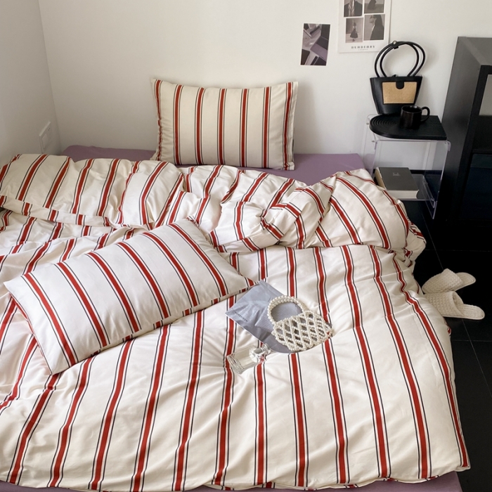 91家纺网 家纺一手货源 找家纺 昔可2022新款全棉四件套新款影棚图 红竖条