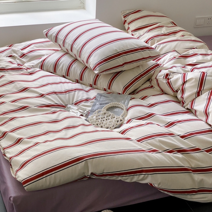 91家纺网 家纺一手货源 找家纺 昔可2022新款全棉四件套新款影棚图 红竖条