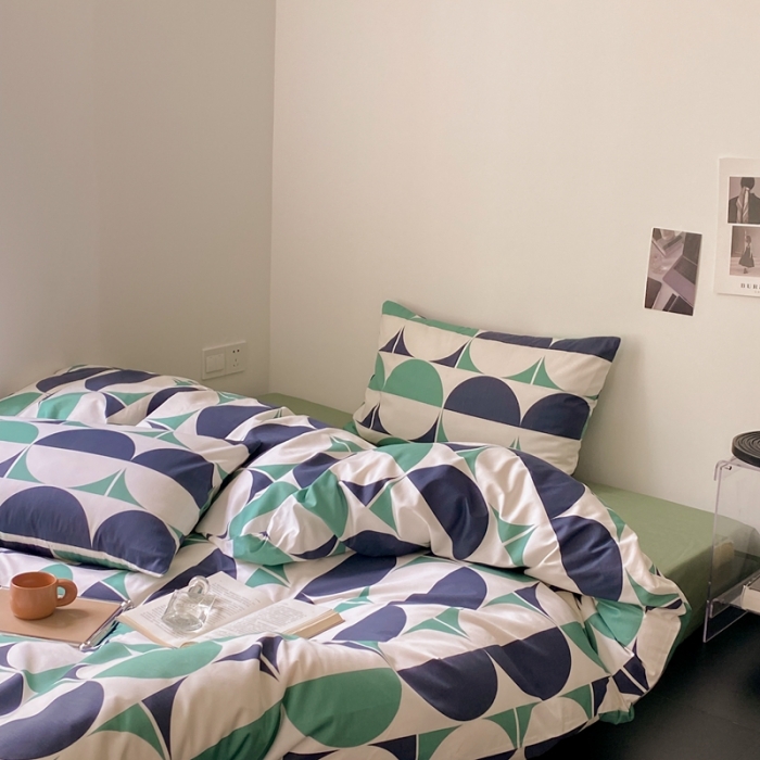 91家纺网 家纺一手货源 找家纺 昔可2022新款全棉四件套新款影棚图 绿色拼接圈