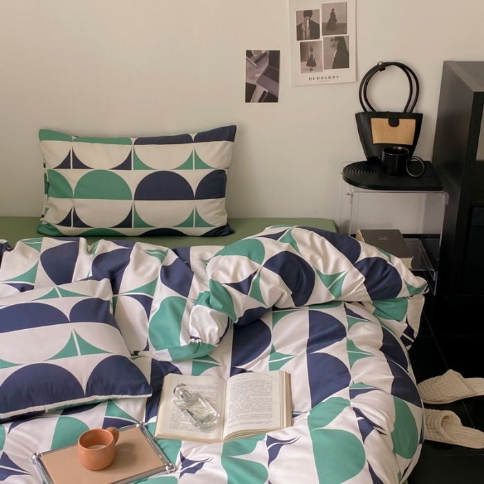 91家纺网 家纺一手货源 找家纺 昔可2022新款全棉四件套新款影棚图 绿色拼接圈